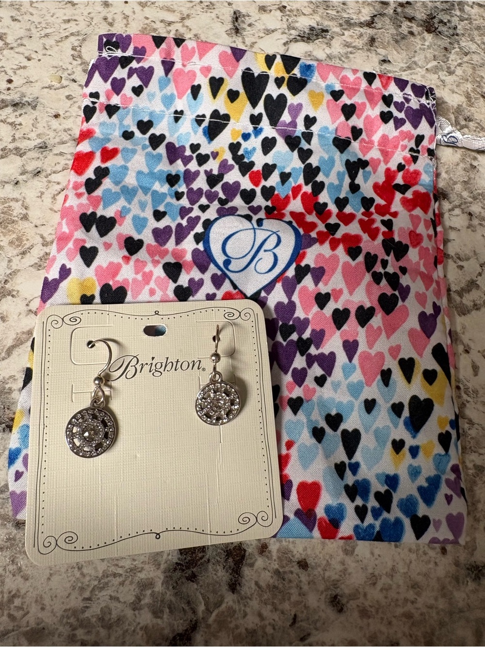 Brighton Silver Clear Crystal Drop Earrings with Multicolor Heart Pouch